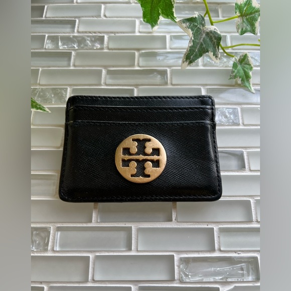 Tory Burch Logo Black Leather Card Holder Small Wallet 4”x 3” - Picture 3 of 8